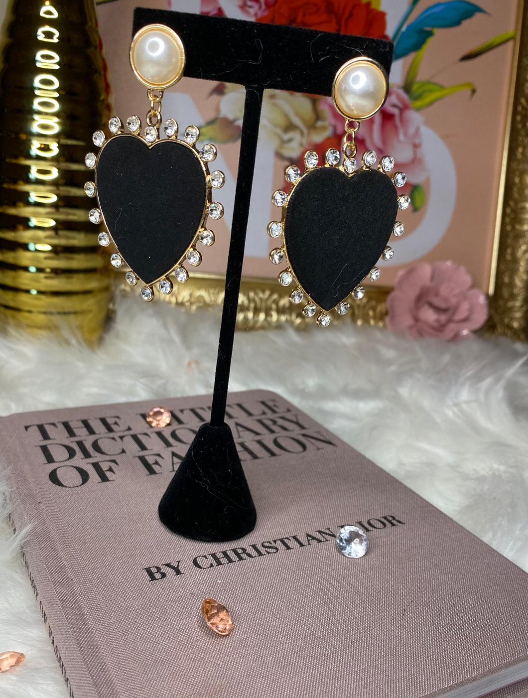 Drop heart and pearl earrings
